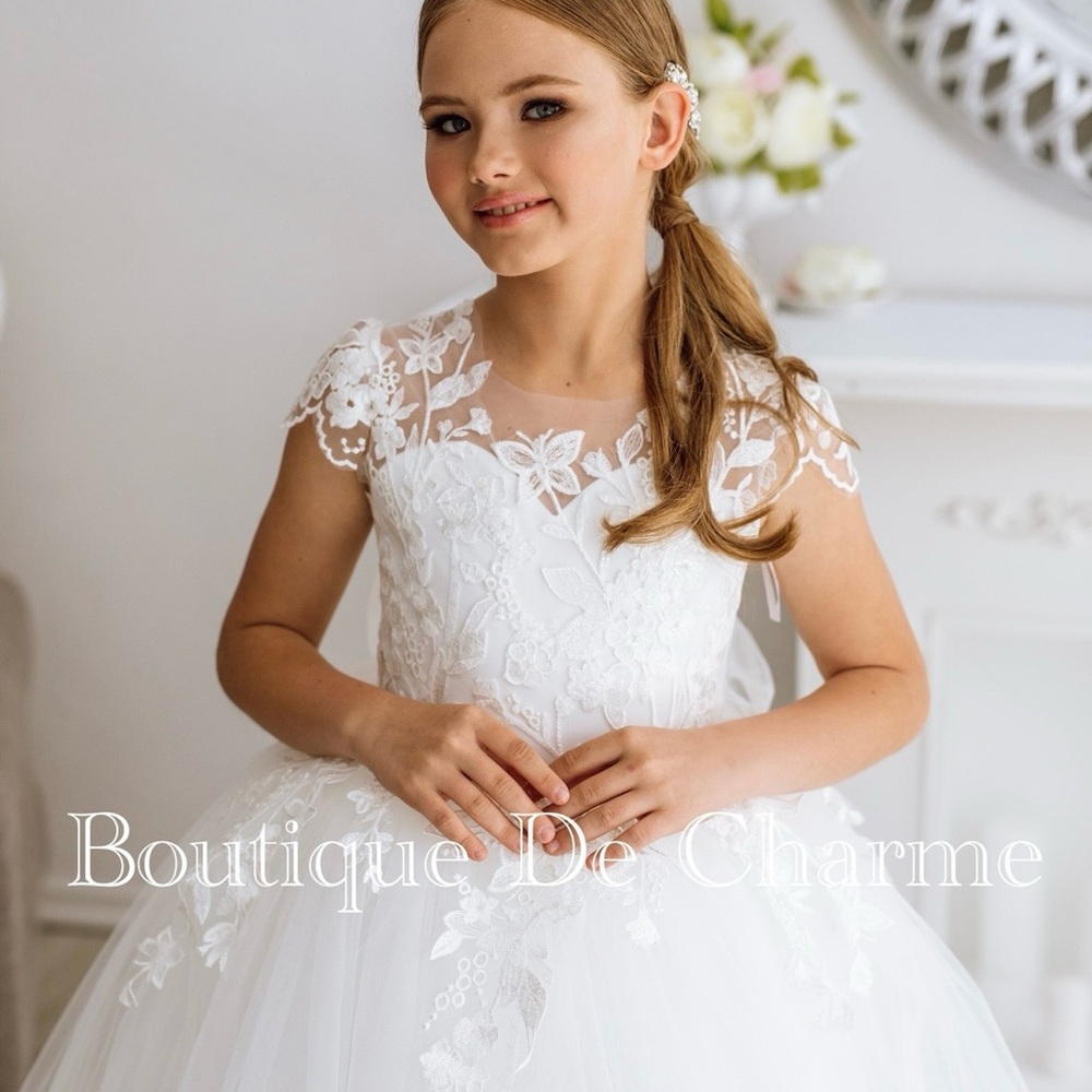 Boutique Elegant White Lace Dress, Flower girl or First Communion